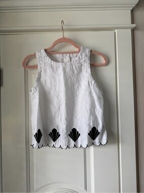 White Sleeveless Scalloped Linen Top with Black Shell Embroidery